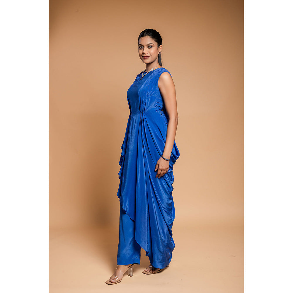 Ellemora Royal Blue Long Drape Top with Pant (Set of 2)