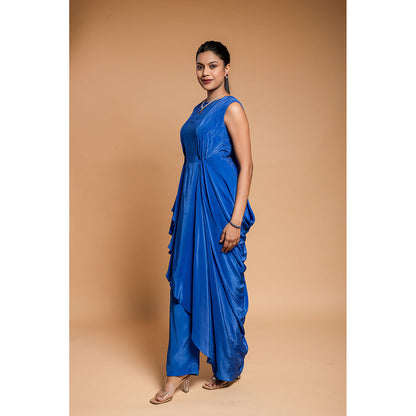 Ellemora Royal Blue Long Drape Top with Pant (Set of 2)