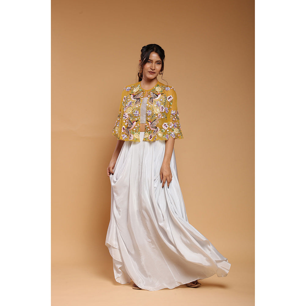Ellemora Mustard Floral Embroidered Harem Drape Skirt with Bustier and Cape (Set of 3)