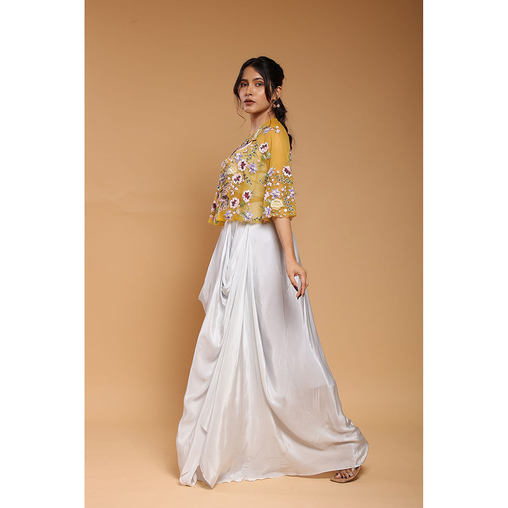 Ellemora Mustard Floral Embroidered Harem Drape Skirt with Bustier and Cape (Set of 3)