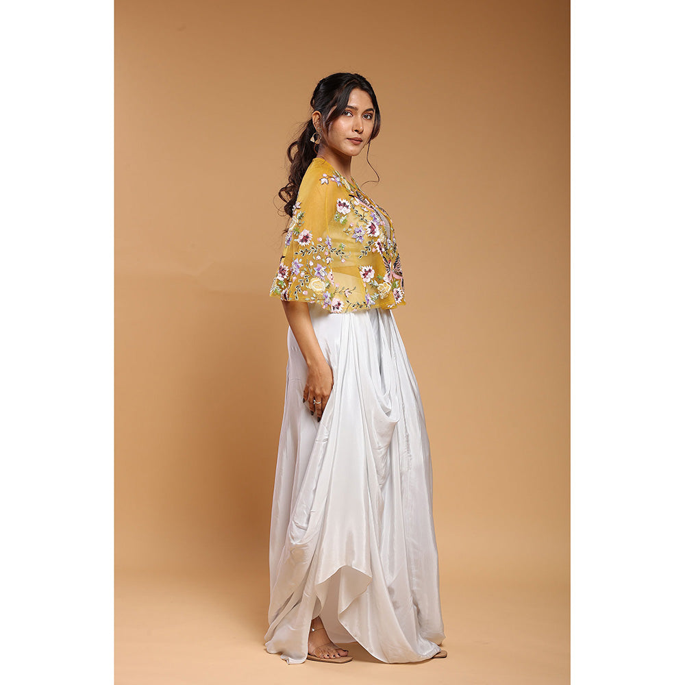 Ellemora Mustard Floral Embroidered Harem Drape Skirt with Bustier and Cape (Set of 3)