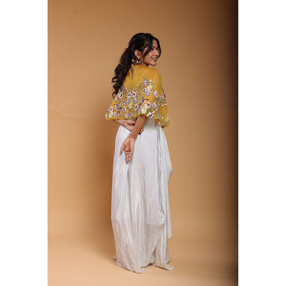 Ellemora Mustard Floral Embroidered Harem Drape Skirt with Bustier and Cape (Set of 3)
