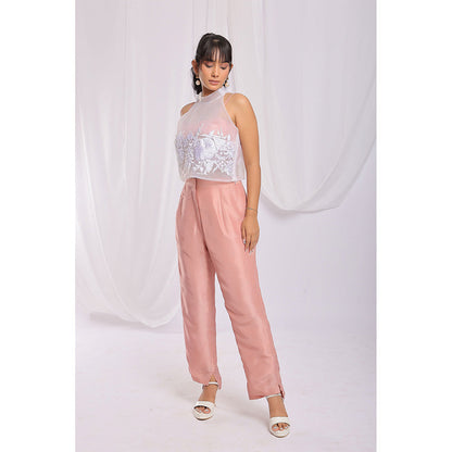 Ellemora Nude Pink Charm Embroidered Top with Inner and Pant (Set of 3)