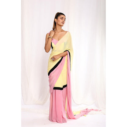 Ellemora Pink Blush & Buttercup Dawn Pre-Draped Saree with Stitched Blouse