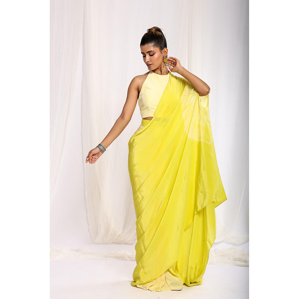 Ellemora Yellow Tie Dye Pre-Draped Saree with Stitched Blouse