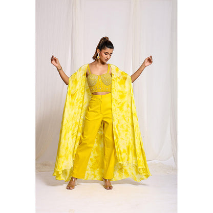 Ellemora Yellow Luminous Tie-Dye Trio Crop Top with Pant and Cape (Set of 3)