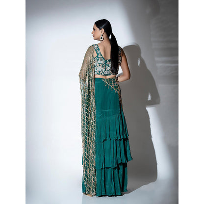 Ellemora Green Glimmer Pre Drape Saree with Stitched Blouse