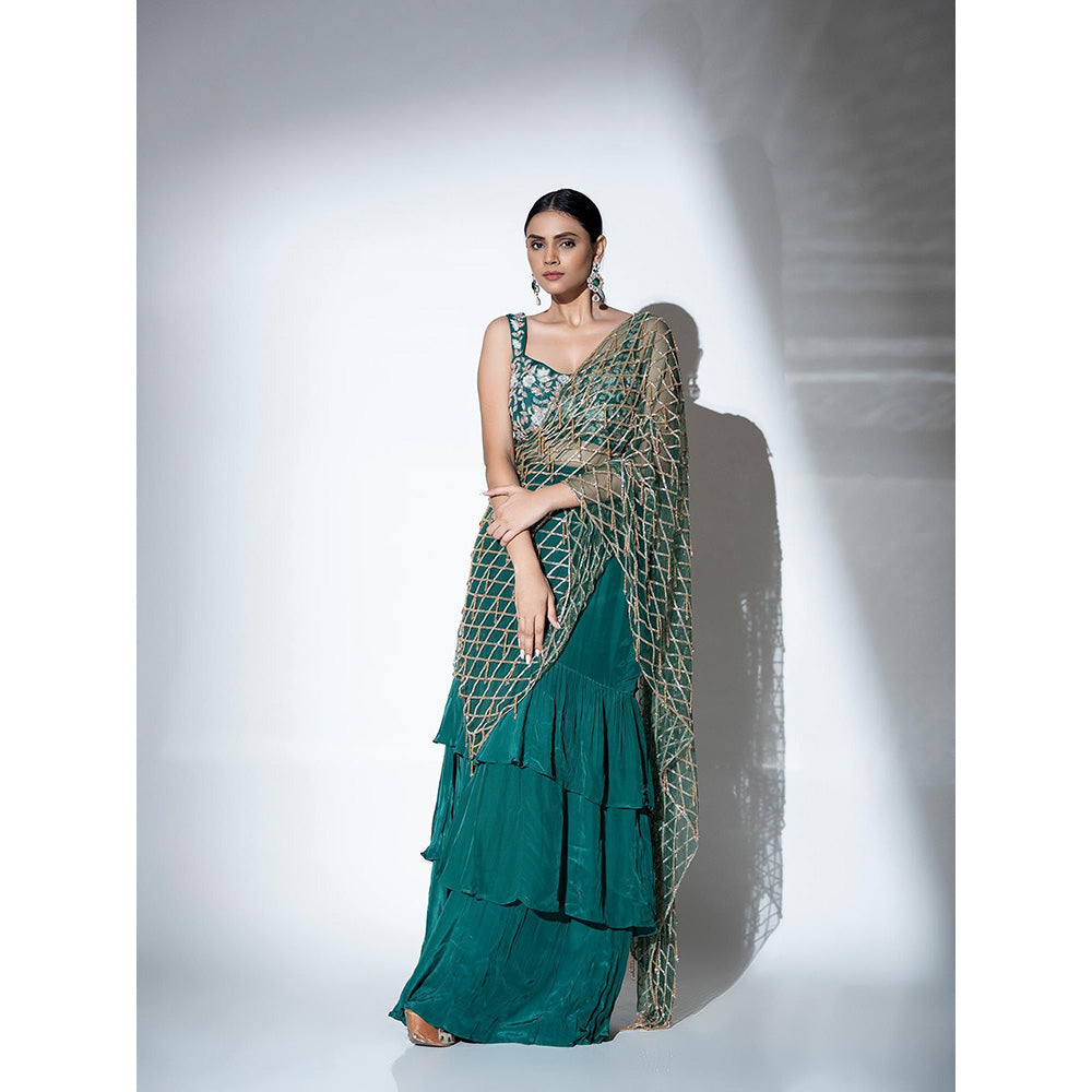 Ellemora Green Glimmer Pre Drape Saree with Stitched Blouse