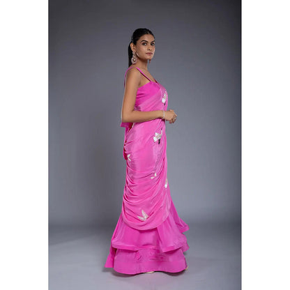 Ellemora Pink Flounce Pre Drape Saree with Stitched Blouse