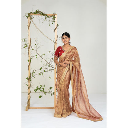 Ellemora Copper Gold Lace Work Saree with Stitched Blouse