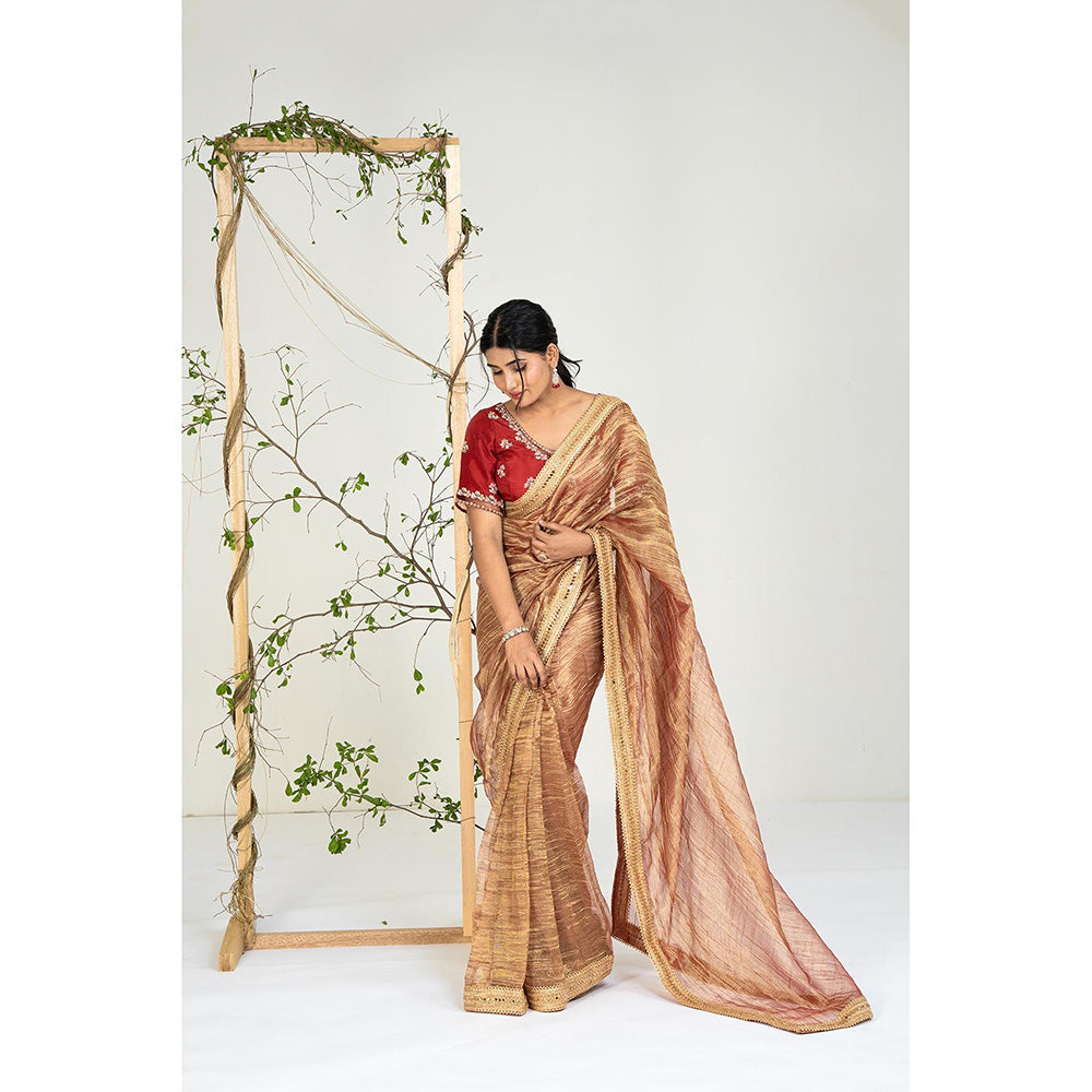 Ellemora Copper Gold Lace Work Saree with Stitched Blouse
