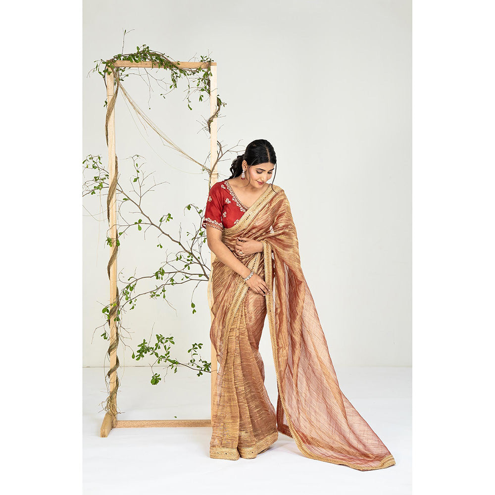 Ellemora Copper Gold Lace Work Saree with Stitched Blouse