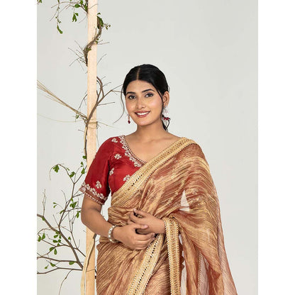 Ellemora Copper Gold Lace Work Saree with Stitched Blouse