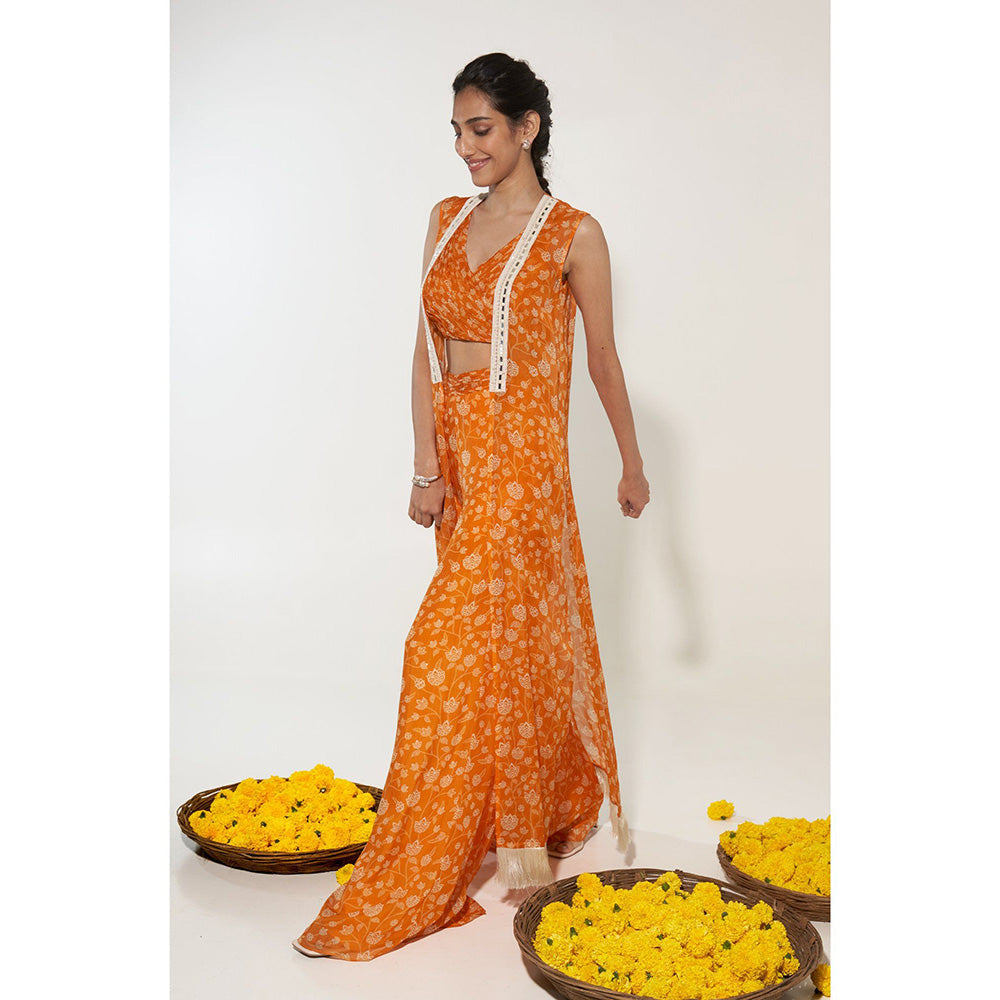 Essay by Sumedha Agrawal Orange & White Blouse with Palazzo and Cape (Set of 3)