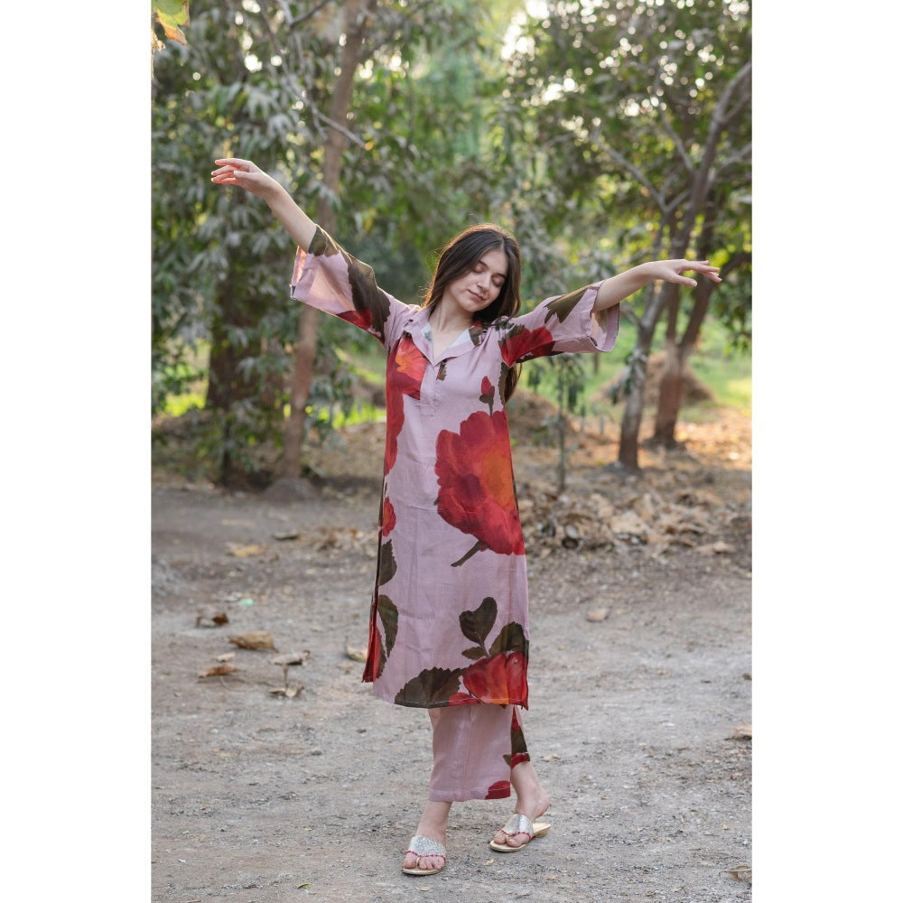 ETAR Poised Berry Printed Kurta and Pant (Set of 2)