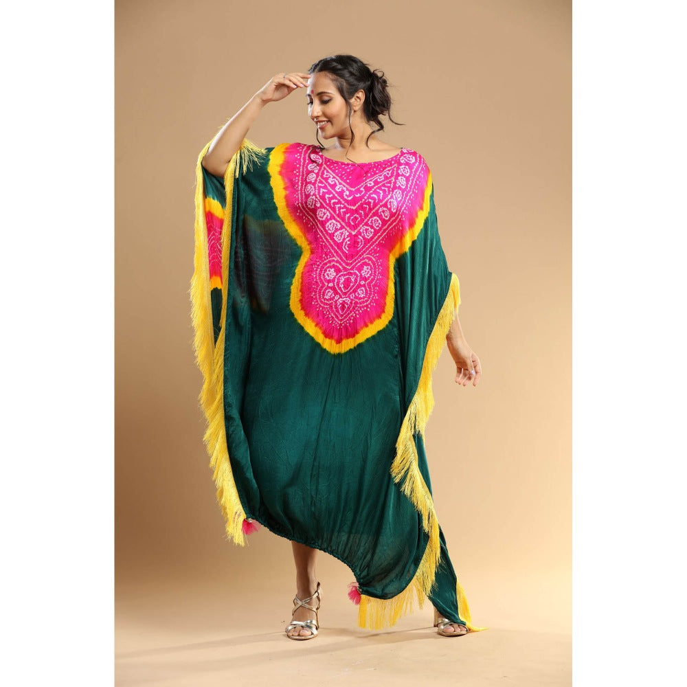 Etasha by Asha Jain Green Bandani Kaftan Dress