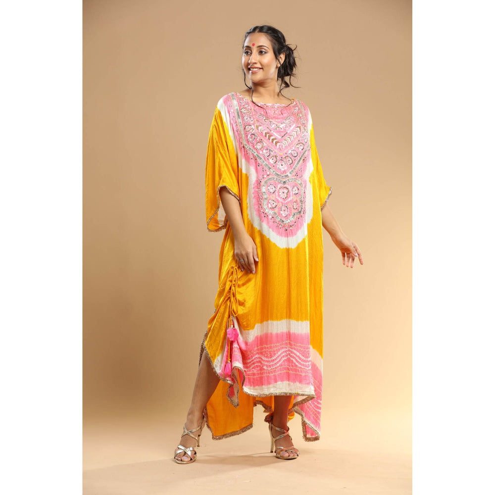 Etasha by Asha Jain Yellow Bandani Kaftan Dress