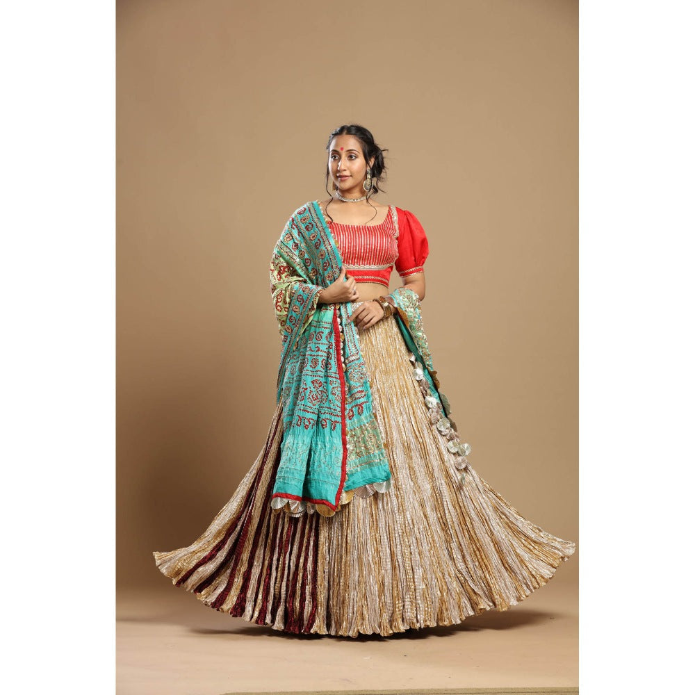 Etasha by Asha Jain Beige Dupatta with Textured Lehenga and Blouse (Set of 3)
