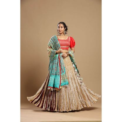 Etasha by Asha Jain Beige Dupatta with Textured Lehenga and Blouse (Set of 3)