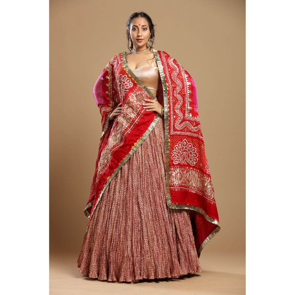 Etasha by Asha Jain Pink Bandani Dupatta with Textured Lehenga and Blouse (Set of 3)