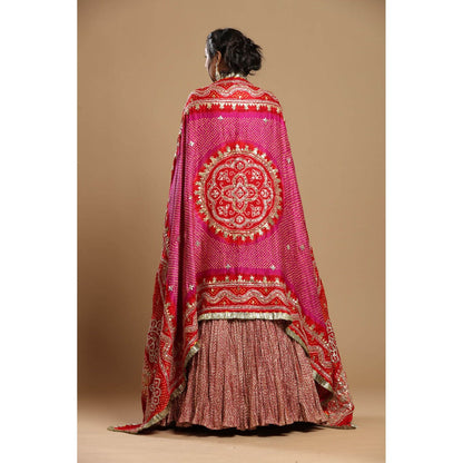 Etasha by Asha Jain Pink Bandani Dupatta with Textured Lehenga and Blouse (Set of 3)