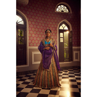Etasha by Asha Jain Multi Coloured Textured Lehenga with Blouse and Dupatta (Set of 3)