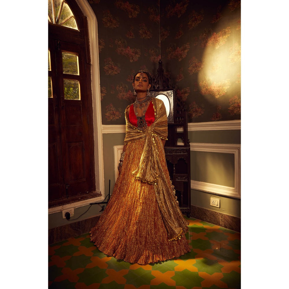Etasha by Asha Jain Gold Flock Lehenga with Blouse and Dupatta (Set of 3)