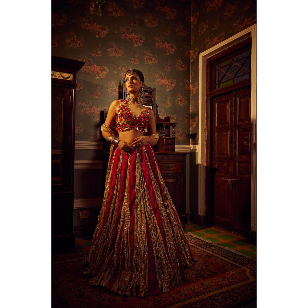 Etasha by Asha Jain Gold Fuschia Textured Flared Lehenga with Blouse and Dupatta (Set of 3)