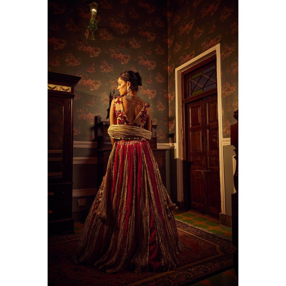 Etasha by Asha Jain Gold Fuschia Textured Flared Lehenga with Blouse and Dupatta (Set of 3)