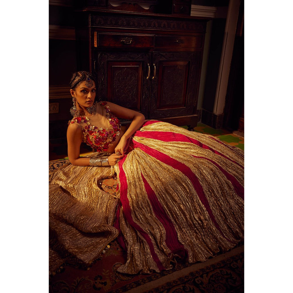 Etasha by Asha Jain Gold Fuschia Textured Flared Lehenga with Blouse and Dupatta (Set of 3)