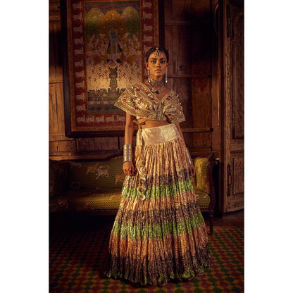 Etasha by Asha Jain Multi Coloured Textured Skirt with Embellished Crop Top (Set of 2)