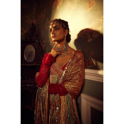 Etasha by Asha Jain Maroon Embellished Angrakha with Dupatta and Pant (Set of 3)