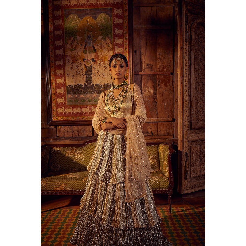 Etasha by Asha Jain Silver Lehenga with Blouse and Embellished Dupatta (Set of 3)