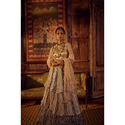 Etasha by Asha Jain Silver Lehenga with Blouse and Embellished Dupatta (Set of 3)