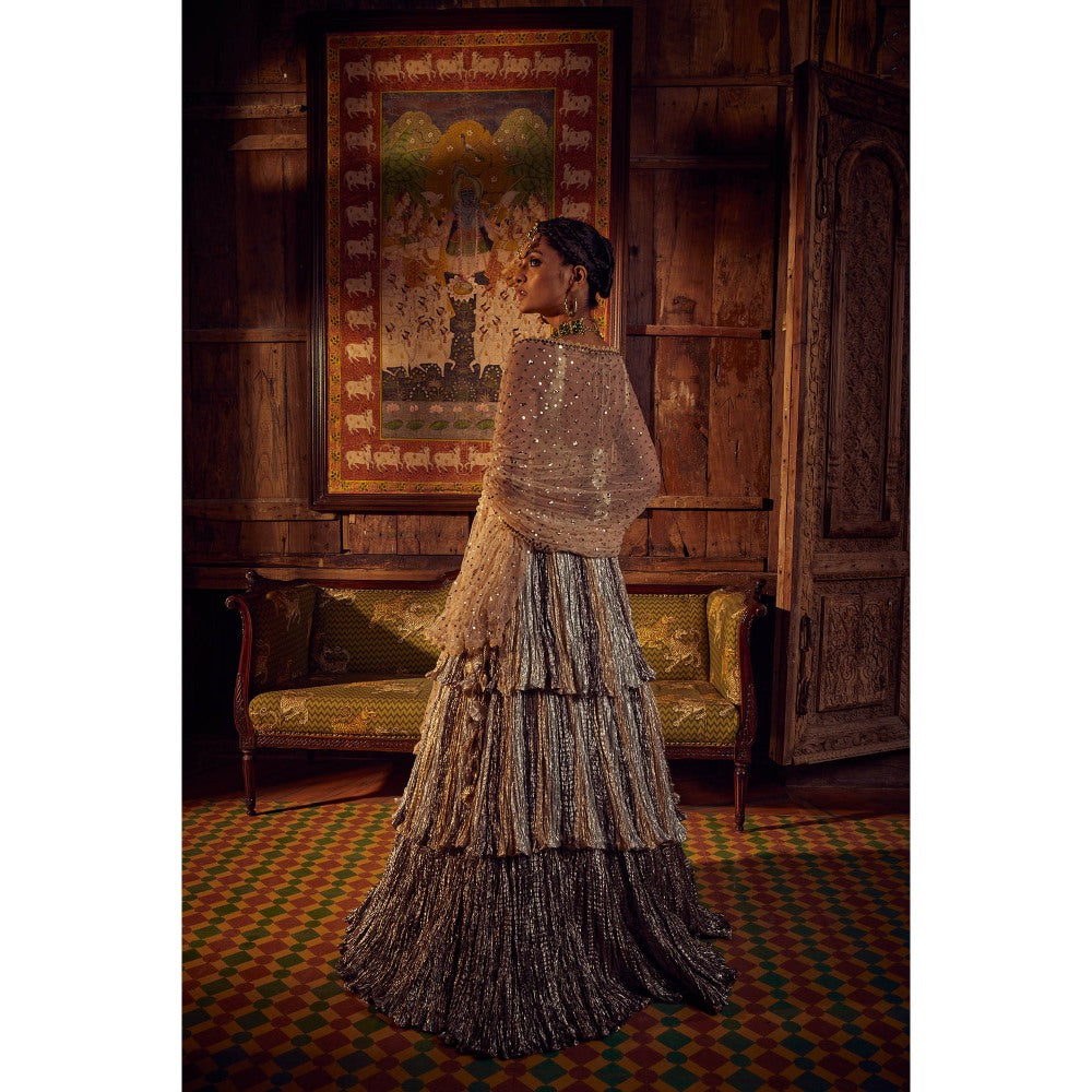 Etasha by Asha Jain Silver Lehenga with Blouse and Embellished Dupatta (Set of 3)