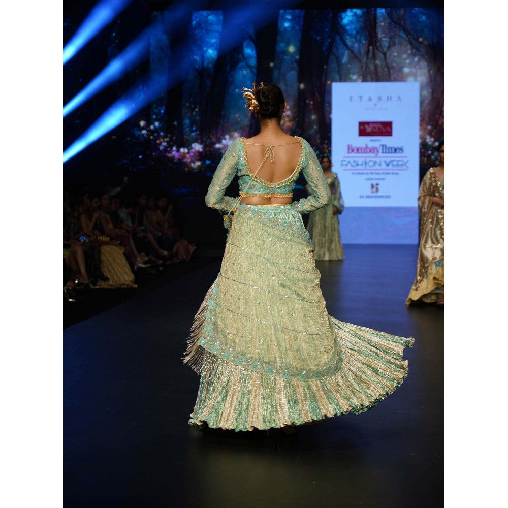 Etasha by Asha Jain Sea Green Embellished Pre-Draped Saree with Stitched Blouse
