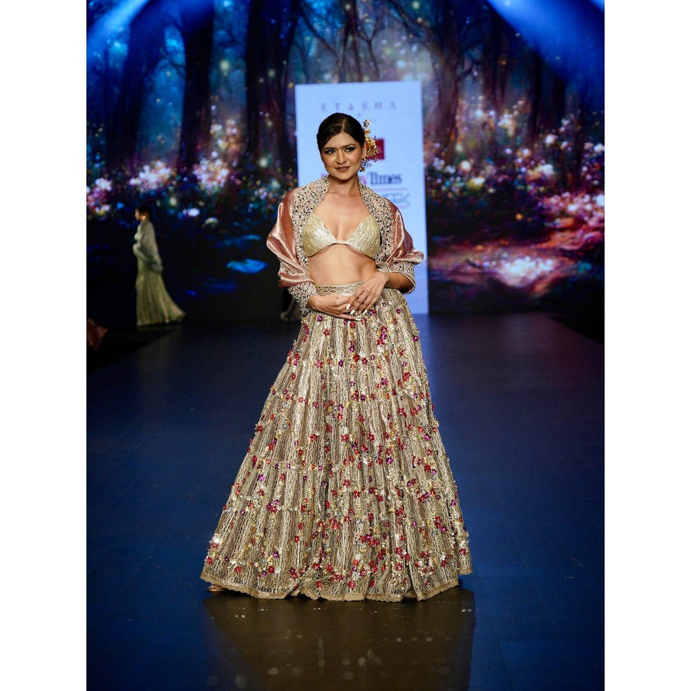 Etasha by Asha Jain Blush Pink Crochet Lehenga with Blouse and Jacket (Set of 3)