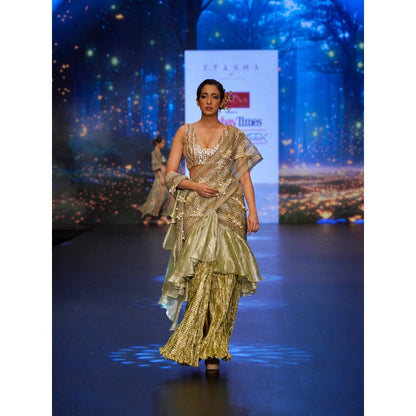 Etasha by Asha Jain Lime Green Embellished Pre-Draped Saree with Stitched Blouse