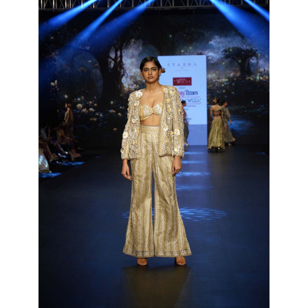 Etasha by Asha Jain Beige Metallic Tissue Bustier with Pant and Blazer (Set of 3)