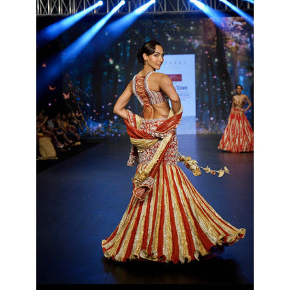 Etasha by Asha Jain Rust Classic Lehenga with Blouse and Dupatta (Set of 3)