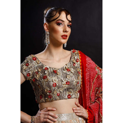 Etasha by Asha Jain Silver Lehenga with Blouse and Dupatta (Set of 3)