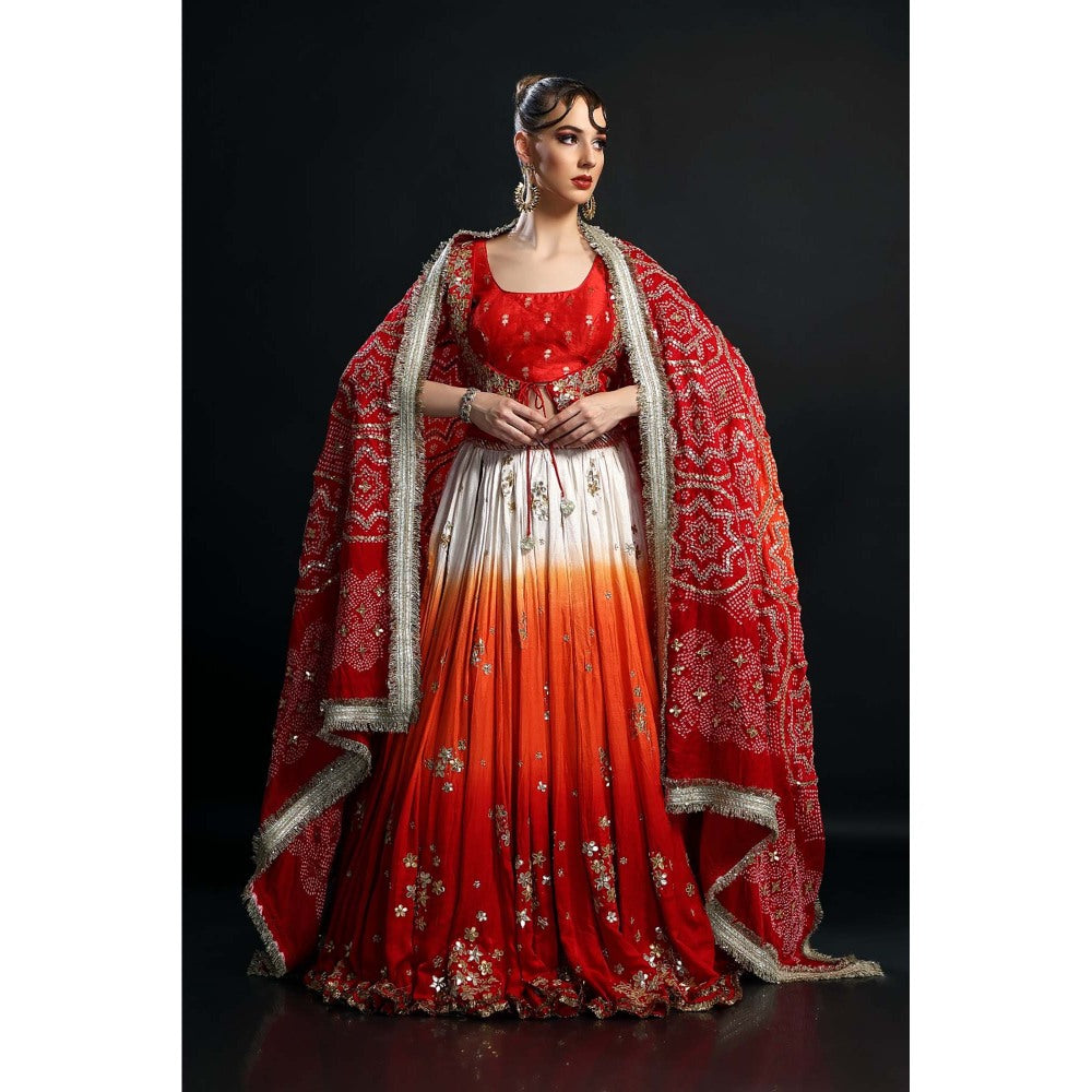 Etasha by Asha Jain Red Classic Lehenga with Blouse, Dupatta and Jacket (Set of 4)