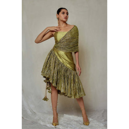 Etasha by Asha Jain Lime Green Dress with Drape (Set of 2)