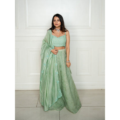 ewaz Chanderi Layer Mukaish Lehenga (Green)