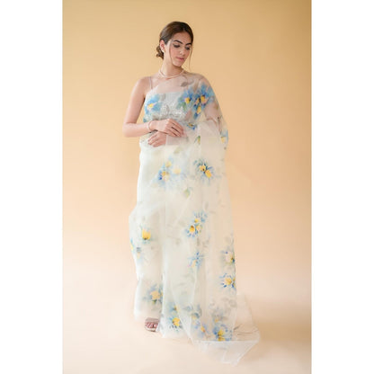 Fallon Studio by Shruti Kaushik Off White Floral Kashi Saree with Unstitched Blouse