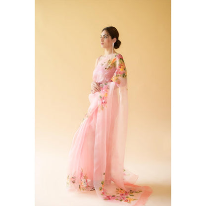 Fallon Studio by Shruti Kaushik Peach Floral Rukmani Saree with Unstitched Blouse