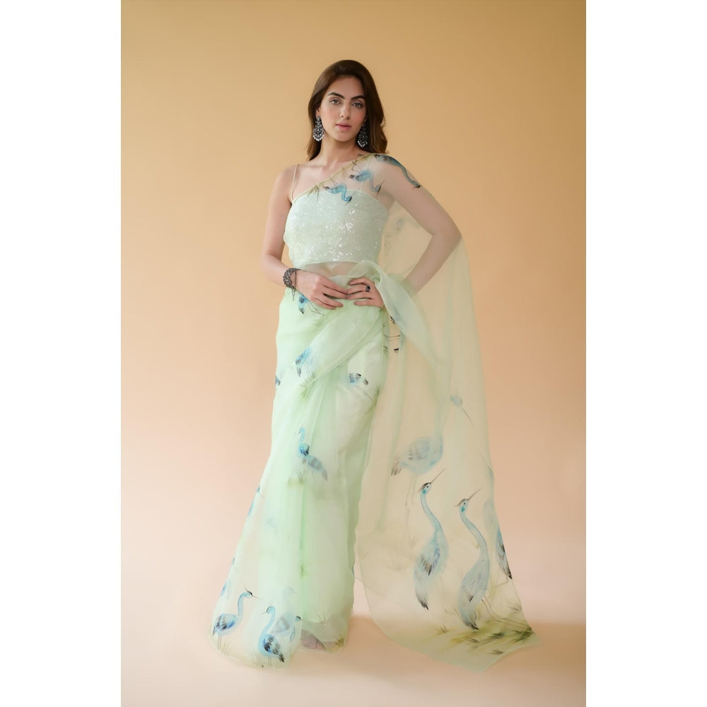 Fallon Studio by Shruti Kaushik Green Floral Esra Saree with Unstitched Blouse