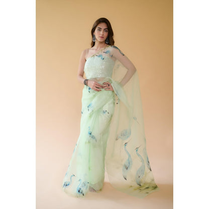 Fallon Studio by Shruti Kaushik Green Floral Esra Saree with Unstitched Blouse