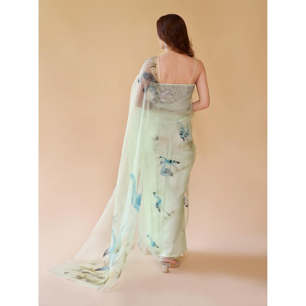 Fallon Studio by Shruti Kaushik Green Floral Esra Saree with Unstitched Blouse