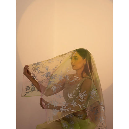 Fallon Studio by Shruti Kaushik Green Floral Pakhi Saree with Unstitched Blouse
